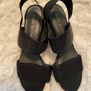 Stuart Weirzman Leather Access Block Heel in Black